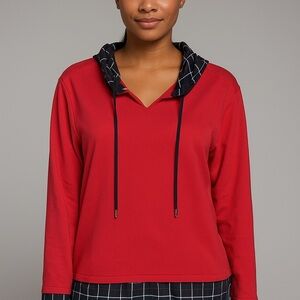 Tommy Hilfiger Red Plaid Trim Pullover Hoodie Women’s  Layered Look XL